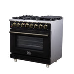 Forno Massimo 36 Inch Freestanding Dual Fuel Range in Black with Antique Brass Accessories, 6 Burners, 5.36 cu. ft. Convection Oven - BonPrix Électroménagers