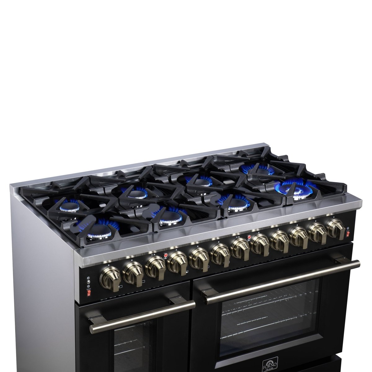 Forno Massimo 48 Inch Freestanding Dual Fuel Range in Black with Antique Brass Accessories, 8 Burners, 6.58 cu. ft. Convection Oven - BonPrix Électroménagers