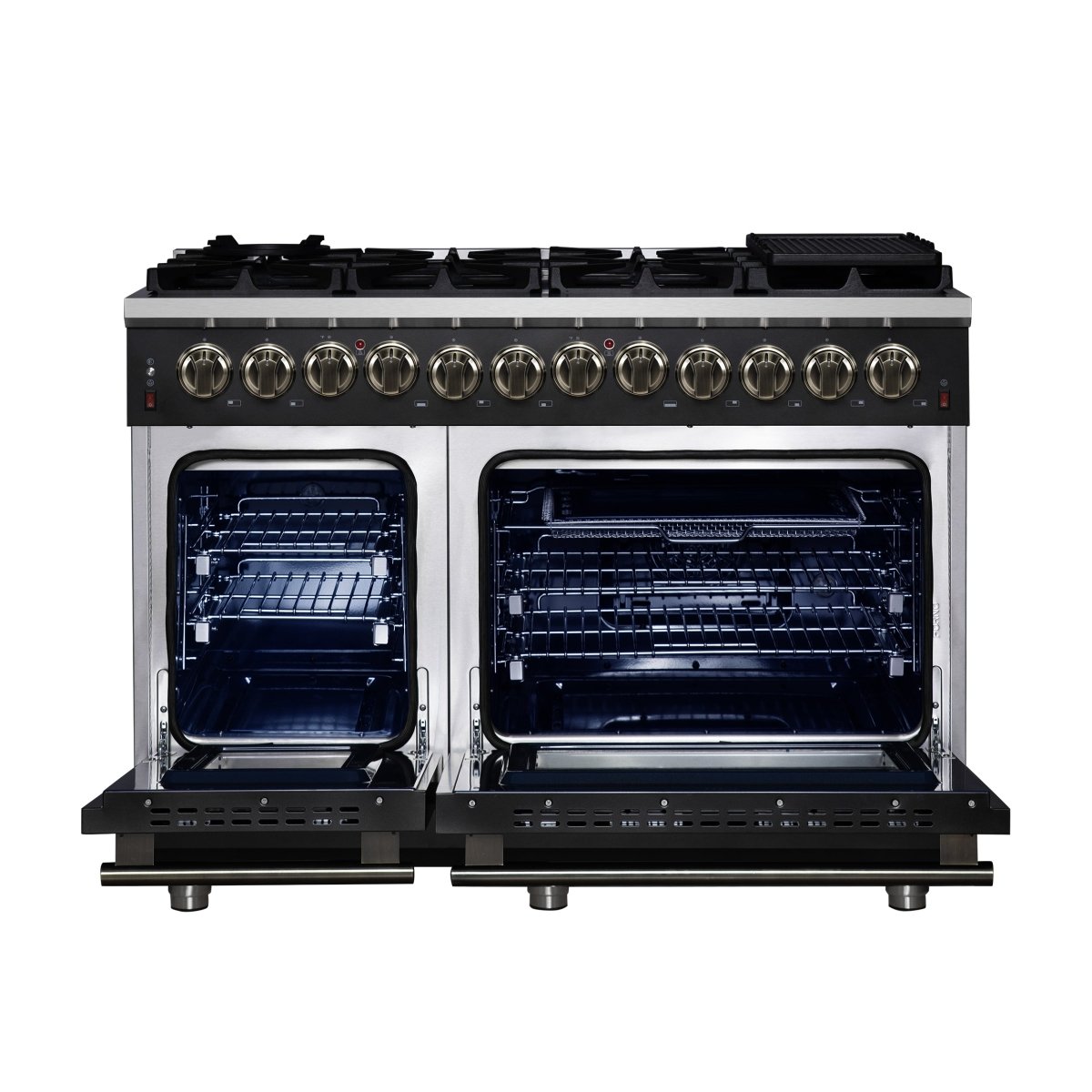 Forno Massimo 48 Inch Freestanding Dual Fuel Range in Black with Antique Brass Accessories, 8 Burners, 6.58 cu. ft. Convection Oven - BonPrix Électroménagers