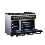Forno Massimo 48 Inch Freestanding Dual Fuel Range in Black with Antique Brass Accessories, 8 Burners, 6.58 cu. ft. Convection Oven - BonPrix Électroménagers