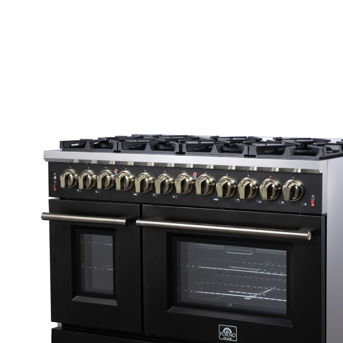 Forno Massimo 48 Inch Freestanding Dual Fuel Range in Black with Antique Brass Accessories, 8 Burners, 6.58 cu. ft. Convection Oven - BonPrix Électroménagers