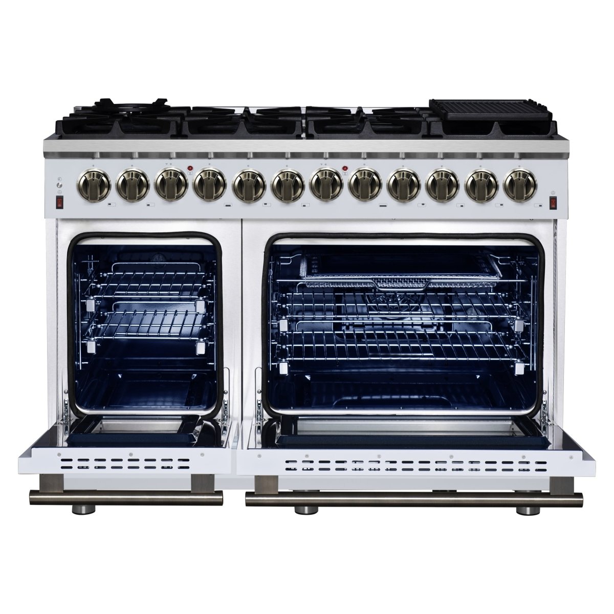 Forno Massimo 48 Inch Freestanding Dual Fuel Range in White with Antique Brass Accessories, 8 Burners, 6.58 cu. ft. Convection Oven - BonPrix Électroménagers