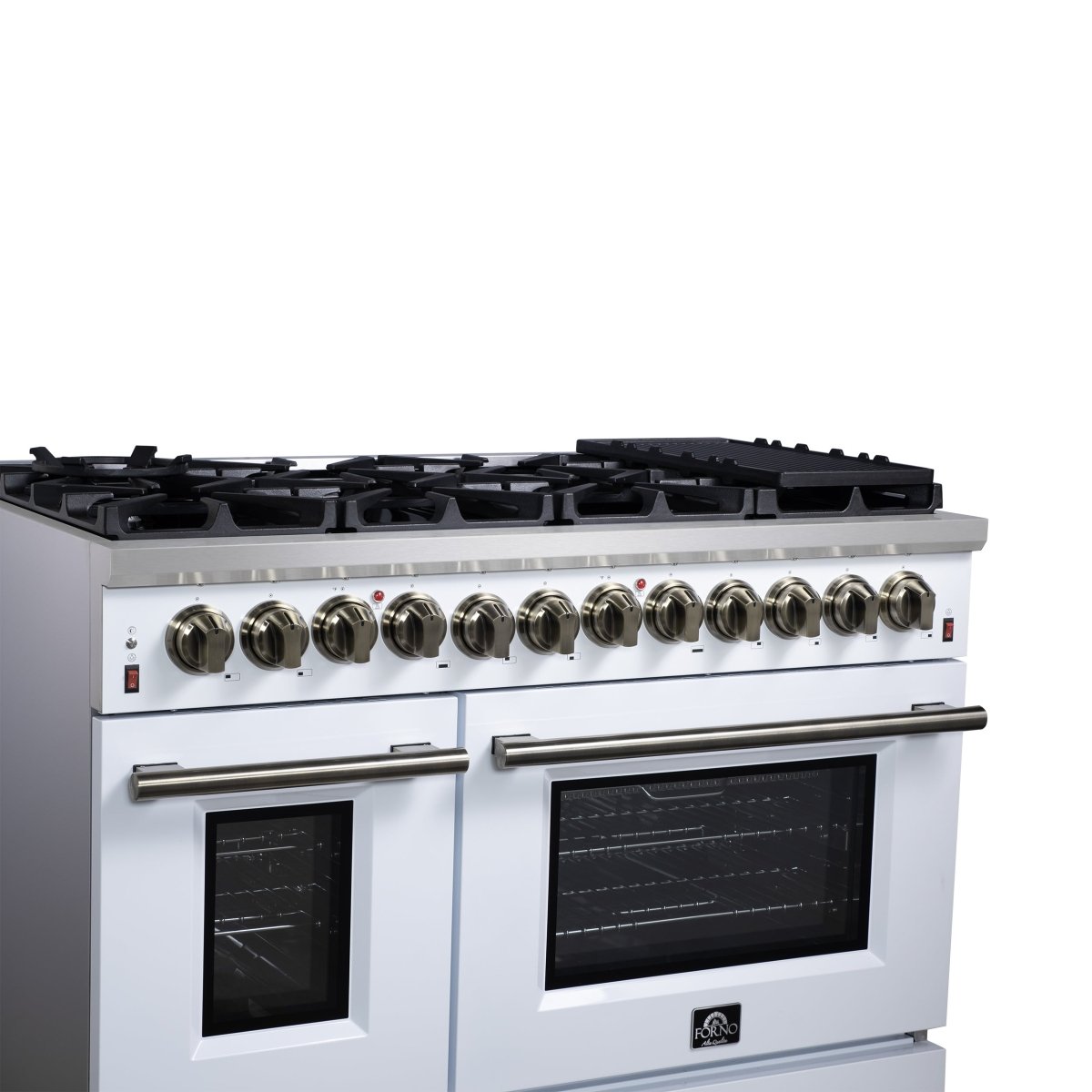 Forno Massimo 48 Inch Freestanding Dual Fuel Range in White with Antique Brass Accessories, 8 Burners, 6.58 cu. ft. Convection Oven - BonPrix Électroménagers