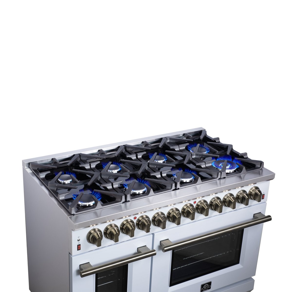 Forno Massimo 48 Inch Freestanding Dual Fuel Range in White with Antique Brass Accessories, 8 Burners, 6.58 cu. ft. Convection Oven - BonPrix Électroménagers