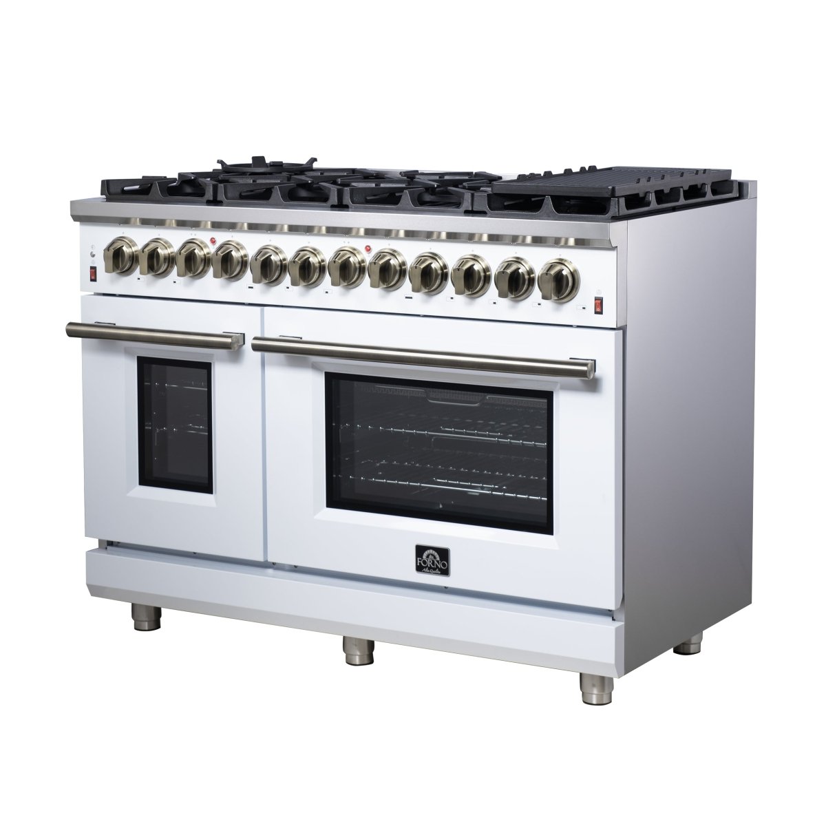 Forno Massimo 48 Inch Freestanding Dual Fuel Range in White with Antique Brass Accessories, 8 Burners, 6.58 cu. ft. Convection Oven - BonPrix Électroménagers