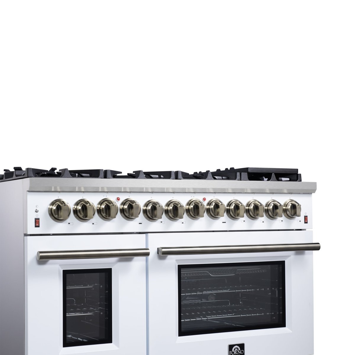 Forno Massimo 48 Inch Freestanding Dual Fuel Range in White with Antique Brass Accessories, 8 Burners, 6.58 cu. ft. Convection Oven - BonPrix Électroménagers