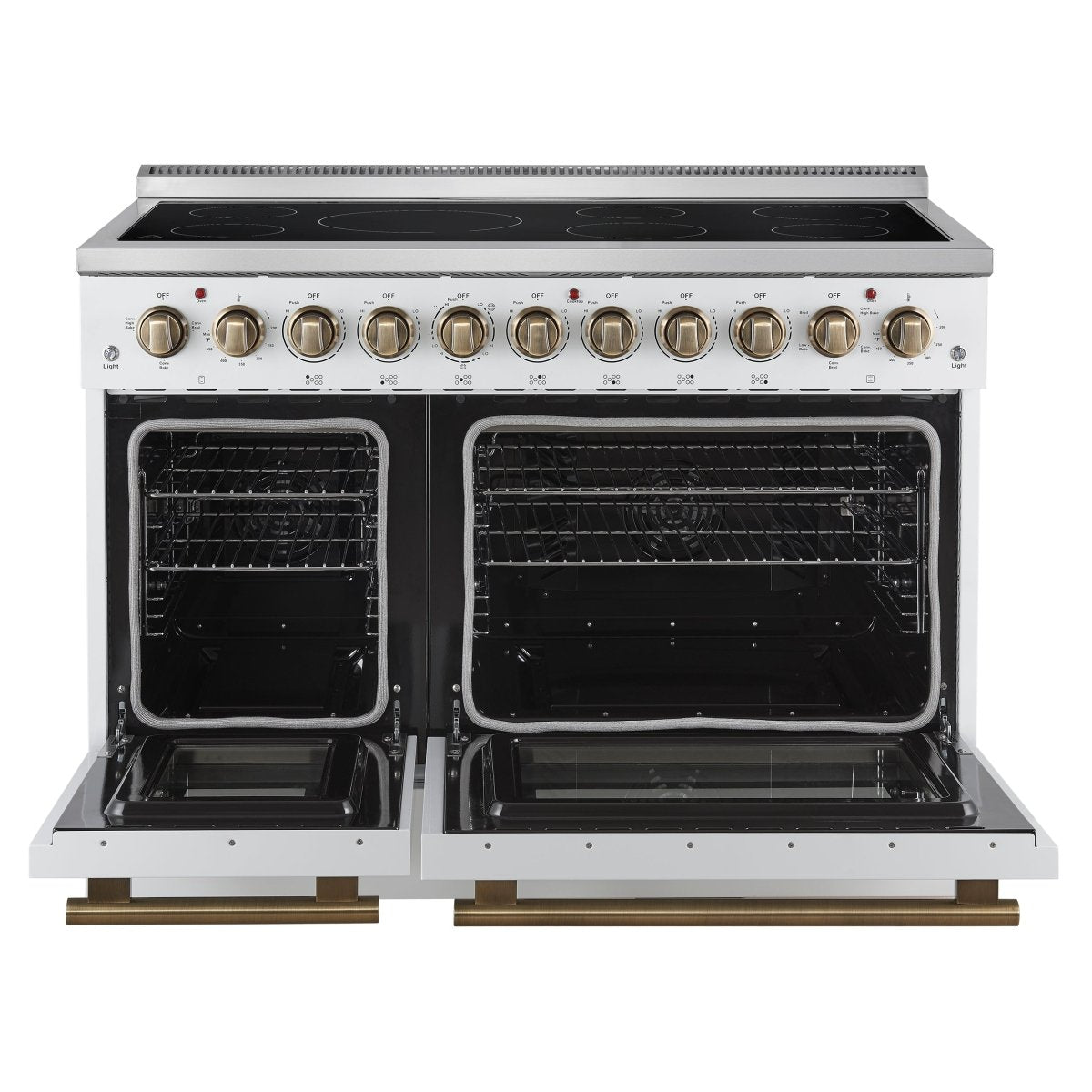 Forno Paolo 48 Inch Freestanding Electric Range in White with Antique Brass, 6.7 cu.ft, True Convection Oven, Energy Efficient - BonPrix Électroménagers