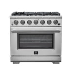 FORNO Premium 2-Piece Kitchen Bundle - Galiano 36" Stainless Steel Range, Forno Moena 36" French Door 19.2 cu. ft Stainless Steel Refrigerator, with Decorative Grill - 40" Wide - FBDL-019-03CAUS - BonPrix Électroménagers