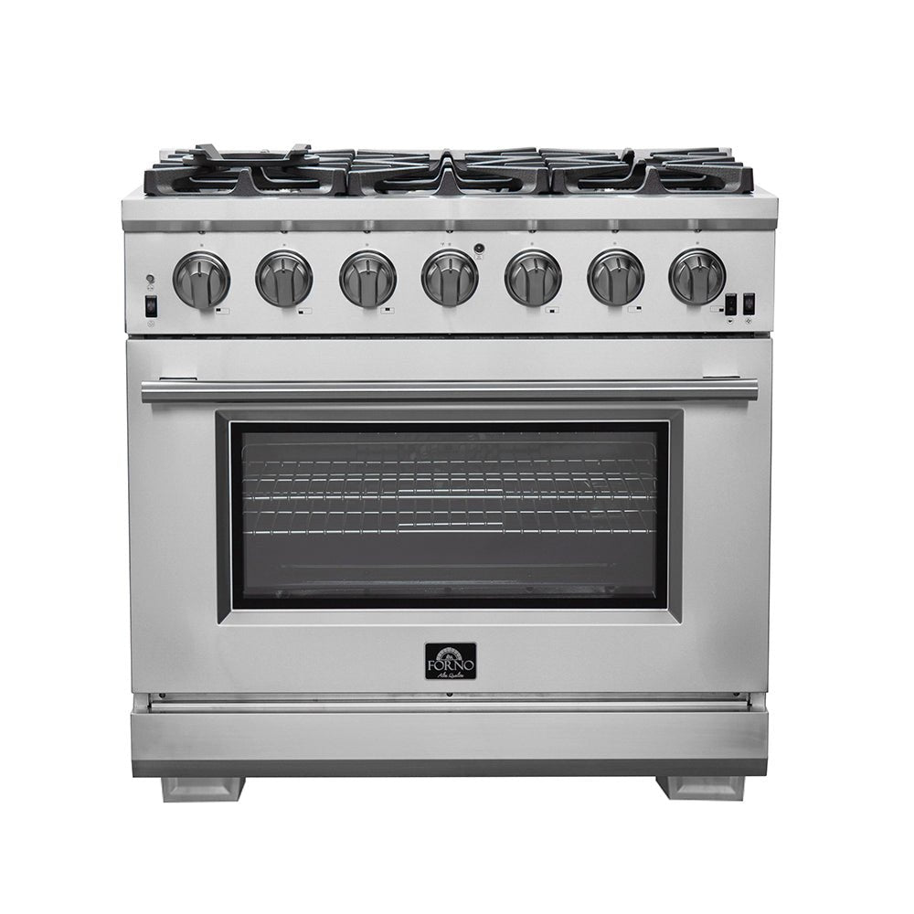 FORNO Premium 2-Piece Kitchen Bundle - Galiano 36" Stainless Steel Range, Forno Moena 36" French Door 19.2 cu. ft Stainless Steel Refrigerator, with Decorative Grill - 40" Wide - FBDL-019-03CAUS - BonPrix Électroménagers