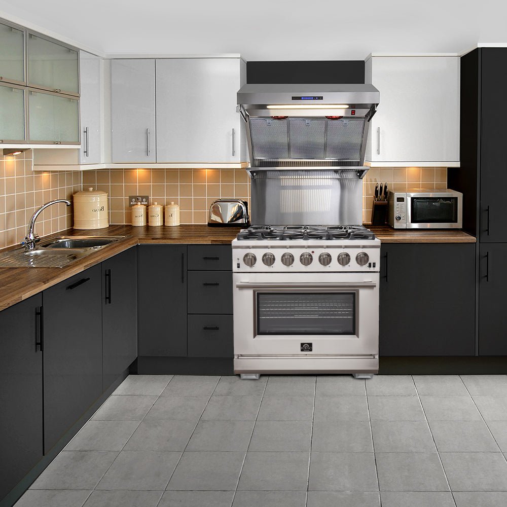 FORNO Premium 2-Piece Kitchen Bundle - Galiano 36" Stainless Steel Range, Forno Moena 36" French Door 19.2 cu. ft Stainless Steel Refrigerator, with Decorative Grill - 40" Wide - FBDL-019-03CAUS - BonPrix Électroménagers
