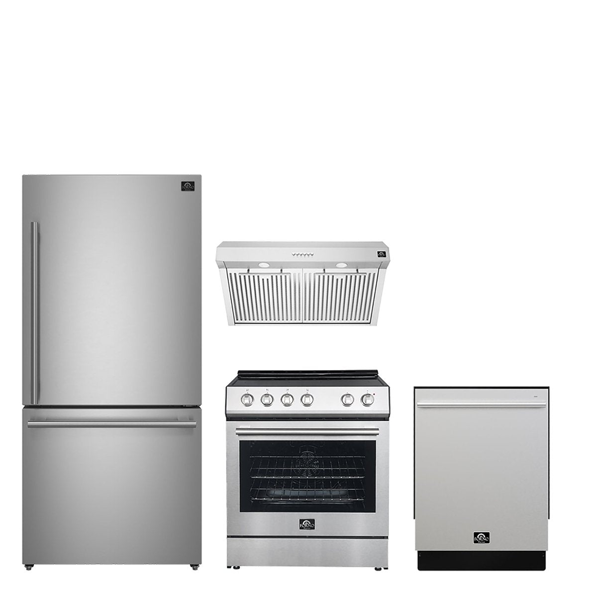 FORNO Premium 4-Piece Kitchen Bundle - 30" Electric Range, 30" Range Hood, 31" French Door Refrigerator, 24" Built-In Dishwasher, Stainless Steel - FBDL-010-01CA - BonPrix Électroménagers