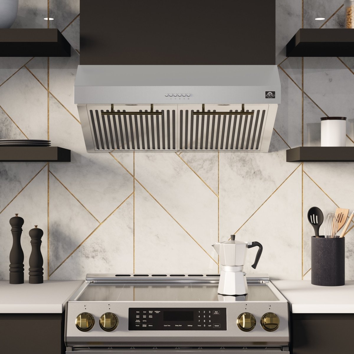 FORNO Premium 4-Piece Kitchen Bundle - Leonardo Espresso 30" Stainless Steel Range, 30" Stainless Steel Range Hood, 31" Stainless Steel Refrigerator, 24" Stainless Steel Dishwasher - FBDL-006-01CA - BonPrix Électroménagers
