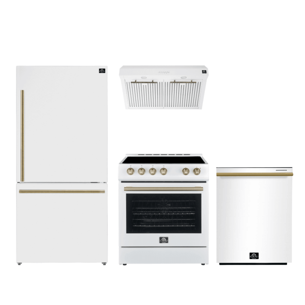 FORNO Premium 4-Piece Kitchen Bundle - Leonardo Espresso 30" White Range, 30" White Range Hood, 31" White Bottom Freezer Refrigerator, 24" White Built-In Dishwasher - FBDL-006-03CA - BonPrix Électroménagers