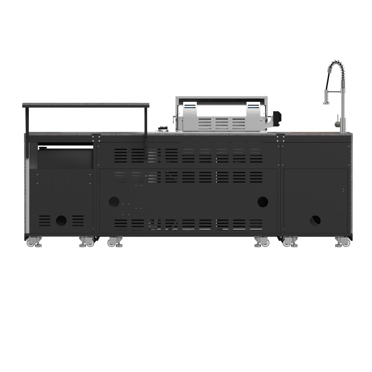Forno Rimini Outdoor Kitchen 30" BBQ 62,600 BTU, 3 Burners with Sear & Rotisserie, 2.4 cu.ft. Beverage Center, Stainless Steel Sink, Black Cabinets & Gray Sintered Stone Countertop - BonPrix Électroménagers