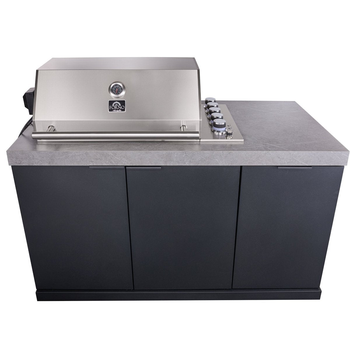 Forno Rimini Outdoor Kitchen 30" BBQ 62,600 BTU, 3 Burners with Sear & Rotisserie, 2.4 cu.ft. Beverage Center, Stainless Steel Sink, Black Cabinets & Gray Sintered Stone Countertop - BonPrix Électroménagers