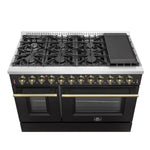 Galiano 48-inch Dual Fuel Range Black & Antique Brass Design with 8 Sealed Burners 107,000 BTU, 6.58 cu. ft. double ovens & Griddle - BonPrix Électroménagers