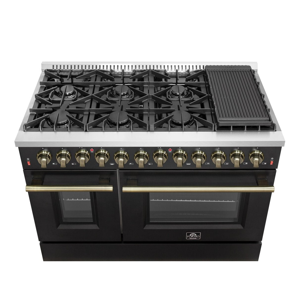 Galiano 48-inch Dual Fuel Range Black & Antique Brass Design with 8 Sealed Burners 107,000 BTU, 6.58 cu. ft. double ovens & Griddle - BonPrix Électroménagers