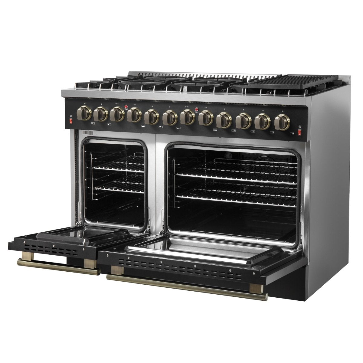 Galiano 48-inch Dual Fuel Range Black & Antique Brass Design with 8 Sealed Burners 107,000 BTU, 6.58 cu. ft. double ovens & Griddle - BonPrix Électroménagers