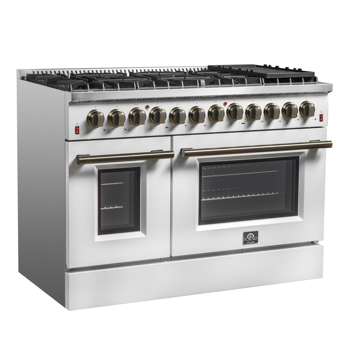 Galiano 48-inch Dual Fuel Range White & Antique Brass Design with 8 Sealed Burners 107,000 BTU, 6.58 cu. ft. double ovens & Griddle - BonPrix Électroménagers