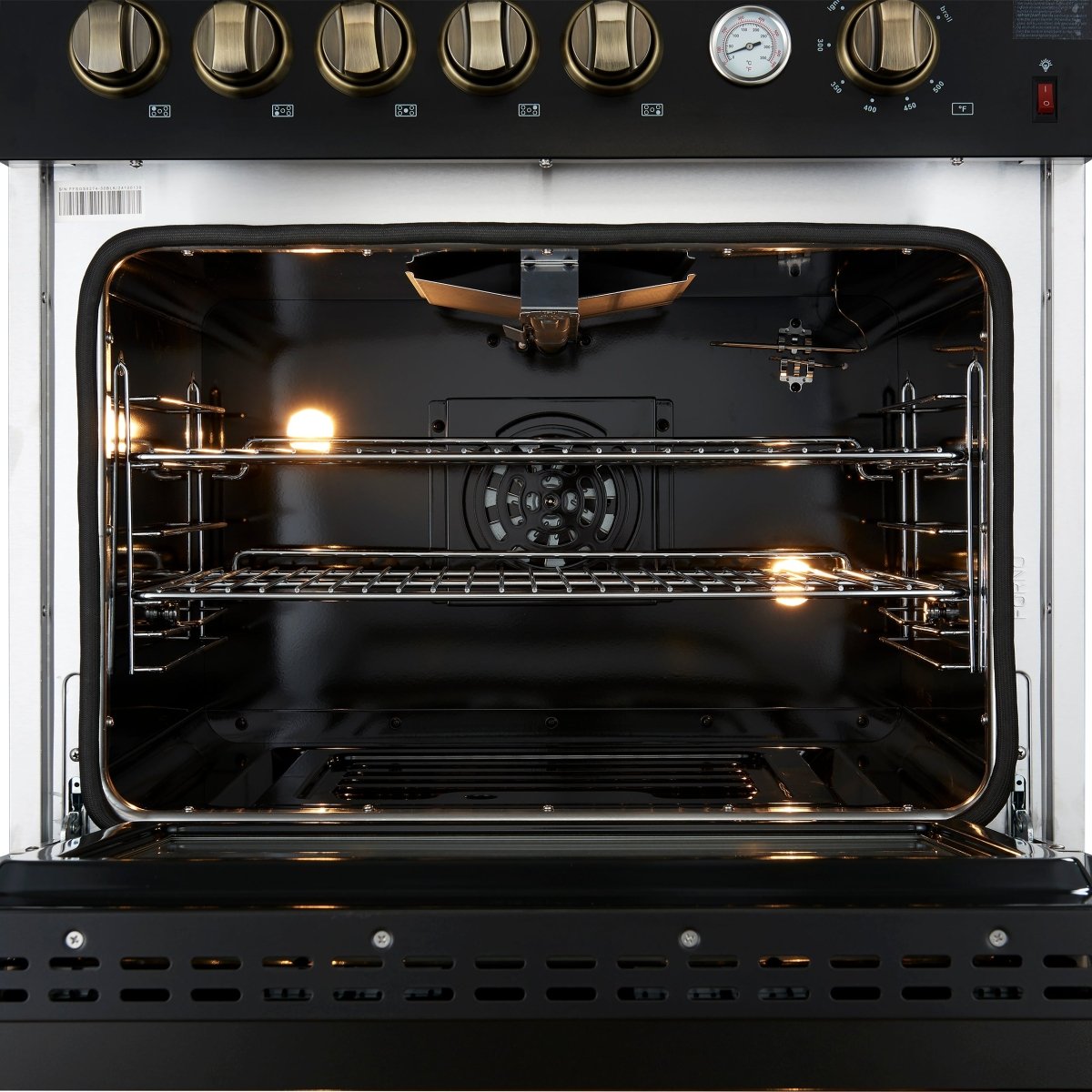 Giovanni 30-inch Gas Range Black & Antique Brass Design, 5 Burners 67,000 BTU, 4.32 cu.ft. Convection Oven - BonPrix Électroménagers