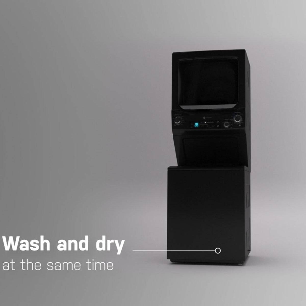 GUD57EEMTDG - LAUNDRY CENTERS - GE - Stacked Washer/Dryer - Gas - Black Stainless Steel - Open Box - BonPrix Électroménagers