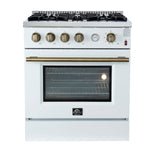 Marco 30-inch Gas Range White & Antique Brass Design, 4 Burners 37,000 BTU, 4.32 cu.ft. Convection Oven - BonPrix Électroménagers