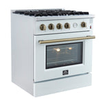 Marco 30-inch Gas Range White & Antique Brass Design, 4 Burners 37,000 BTU, 4.32 cu.ft. Convection Oven - BonPrix Électroménagers