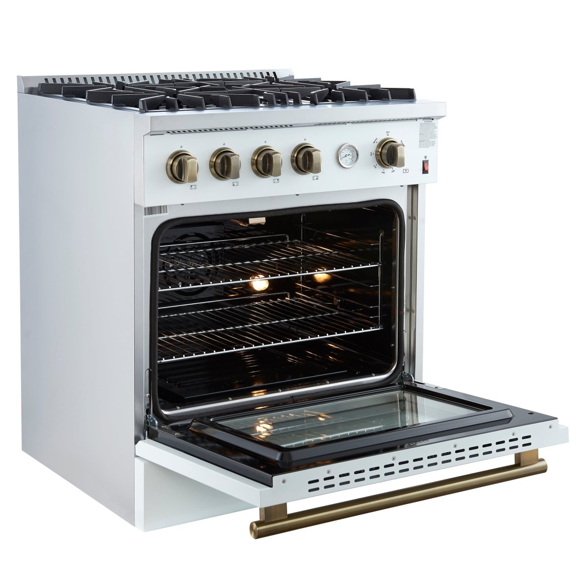 Marco 30-inch Gas Range White & Antique Brass Design, 4 Burners 37,000 BTU, 4.32 cu.ft. Convection Oven - BonPrix Électroménagers