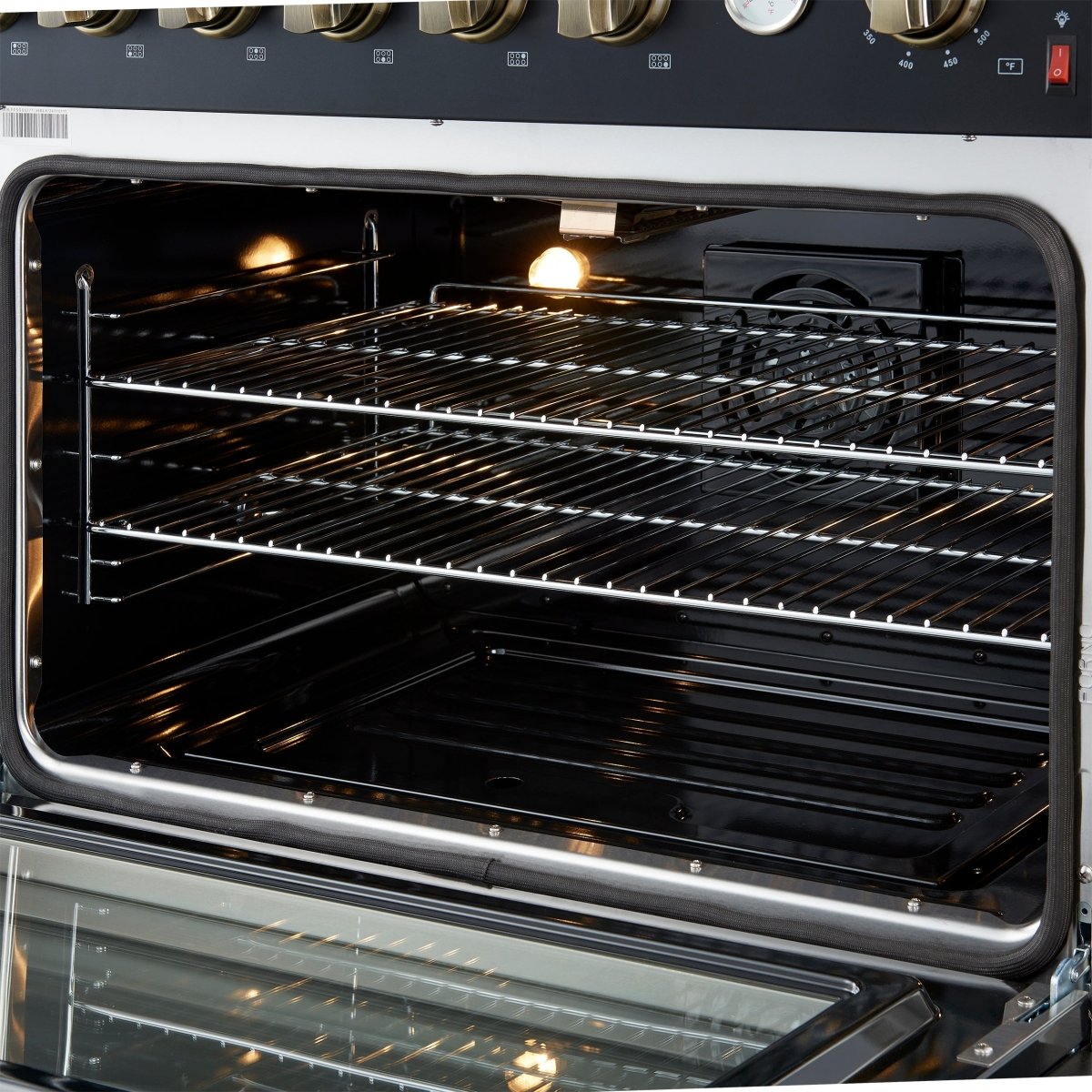Marco 36-Inch Gas Range Black & Antique Brass Design, 6 Burners 67,000 BTU, 5.36 cu.ft. Convection Oven - BonPrix Électroménagers