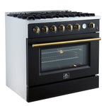 Marco 36-Inch Gas Range Black & Antique Brass Design, 6 Burners 67,000 BTU, 5.36 cu.ft. Convection Oven - BonPrix Électroménagers