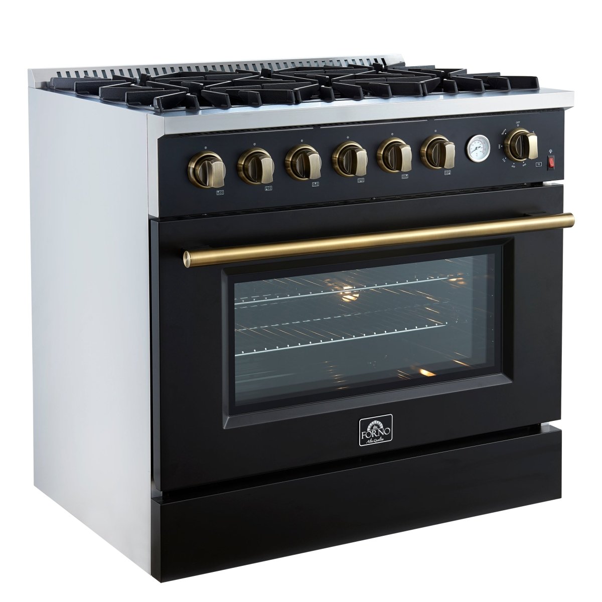 Marco 36-Inch Gas Range Black & Antique Brass Design, 6 Burners 67,000 BTU, 5.36 cu.ft. Convection Oven - BonPrix Électroménagers