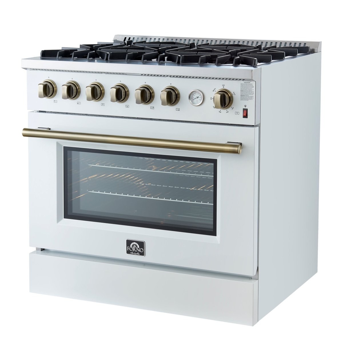 Marco 36-Inch Gas Range White & Antique Brass Design, 6 Burners 67,000 BTU, 5.36 cu.ft. Convection Oven - BonPrix Électroménagers