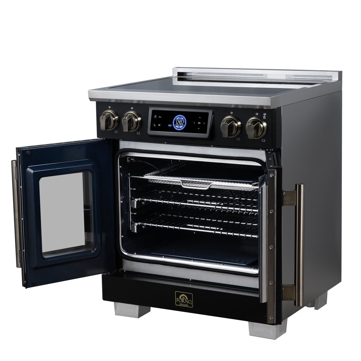 Maximus 30-Inch Induction range, French Door, 4 Cooking Zones, 4.32 cf. Convection Oven, Air Sous Vide, Air Fry Basket, Black - BonPrix Électroménagers