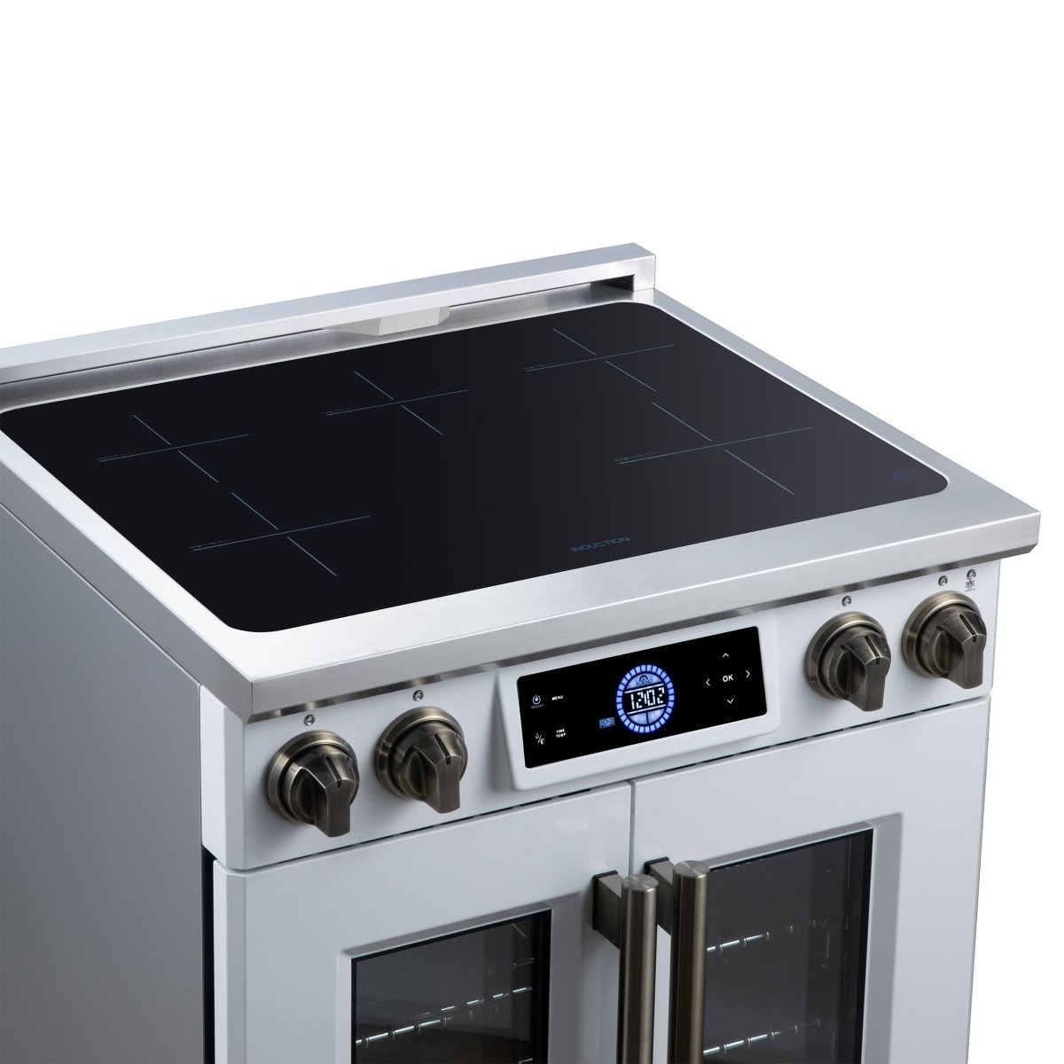 Maximus 30-Inch Induction range, French Door, 4 Cooking Zones, 4.32 cf. Convection Oven, Air Sous Vide, Air Fry Basket, White - BonPrix Électroménagers