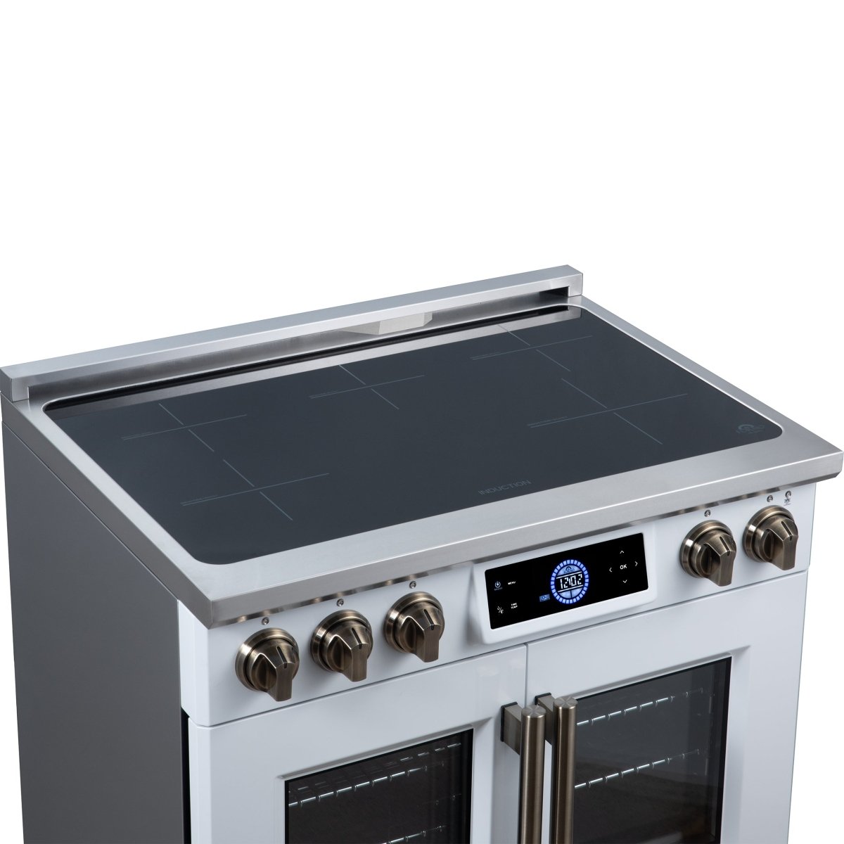 Maximus 36-Inch Induction range, French Door, 5 Cooking Zones, 5.36 cf. Convection Oven, Air Sous Vide, Air Fry Basket, White - BonPrix Électroménagers