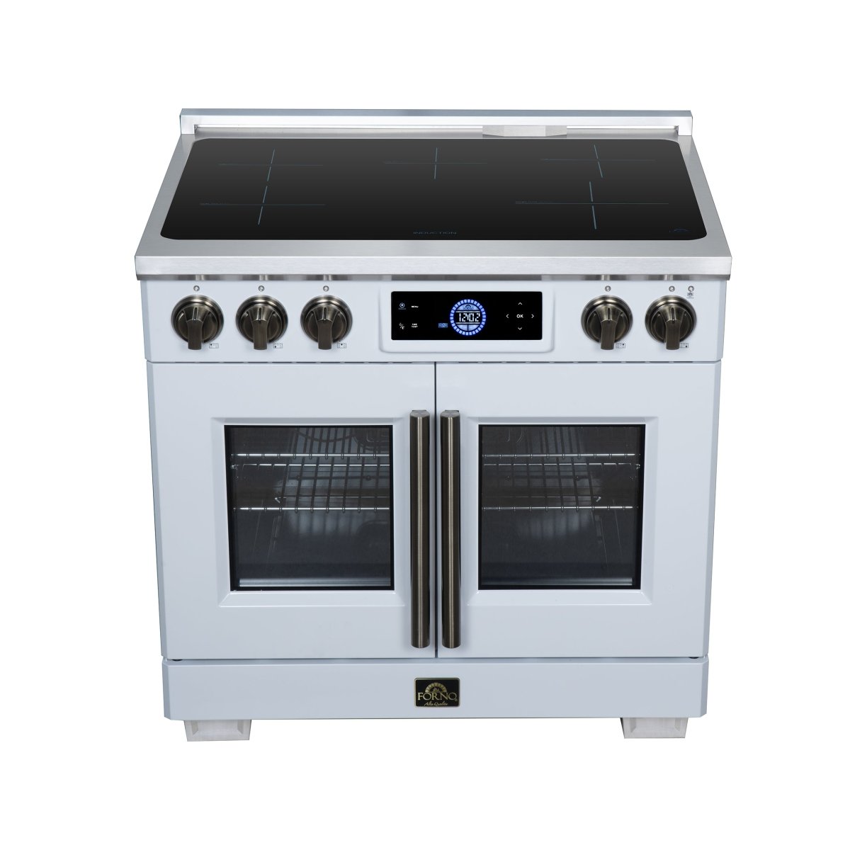Maximus 36-Inch Induction range, French Door, 5 Cooking Zones, 5.36 cf. Convection Oven, Air Sous Vide, Air Fry Basket, White - BonPrix Électroménagers
