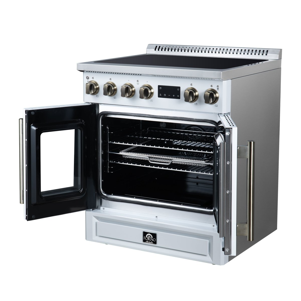Torino French Door 30 Inch Induction Range with Air Fryer, Air Sous Vide & True Convection, Dual Broiler, White - BonPrix Électroménagers